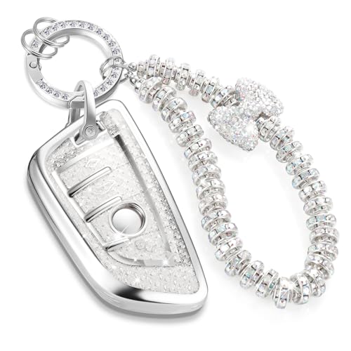 Image of Key Fob Cover for BMW, Rhinestone Wristlet Keychain Case, White