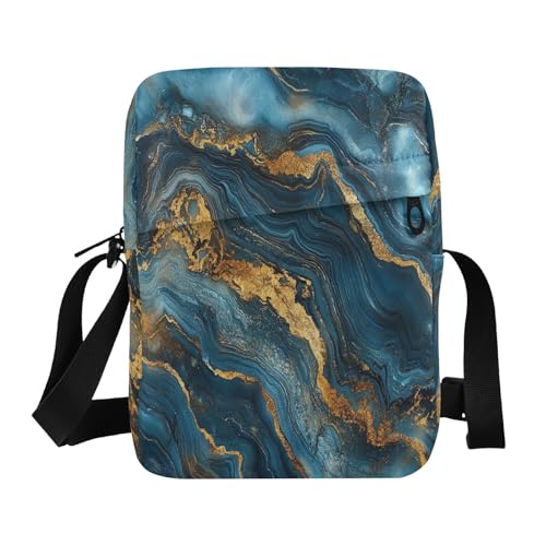 messenger bag crossbody mens crossbody bag Cross Body Purses Adjustable Strap for Travel Travel- Blue and Gold Marble Texture