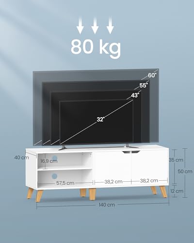VASAGLE TV-Schrank, Fernsehtisch mit 2 Türen, 140 cm lang, TV-Regal für Fernseher bis zu 60 Zoll, verstellbare Ablagen, für Wohnzimmer, Esszimmer, Schlafzimmer, weiß LTV027T46