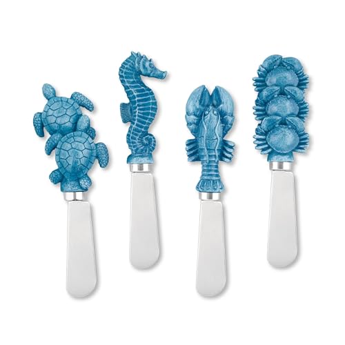 Supreme Housewares Blue Wash Sea Animals Cheese Spreaders, Hand-Painted Resin Handles with Stainless Steel Blades for Spreading Cream Cheese, Butter, and Jam, Assorted Designs, Set of 4