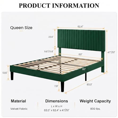 Image of SHA CERLIN Queen Upholstered Platform Bed Frame with Vertical Channel Tufted Velvet Fabric Adjustable Headboard, Wooden Slats Support, Mattress Foundation, Box Spring Optional, Green