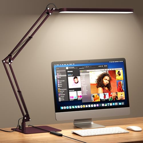 Image of SKYLEO LED Desk Lamp with Slim Base - Adjustable Swing Arm Desk Light, Dimmable, Timer, Eye Protection, Memory Function, 1300LM, 12W, Red