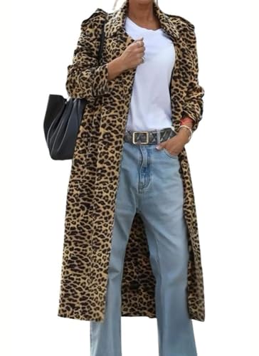 chouyatou Women's Leopard Print Faux Suede Coat Open Front Notch Lapel Midi Long Winter Trench Coat