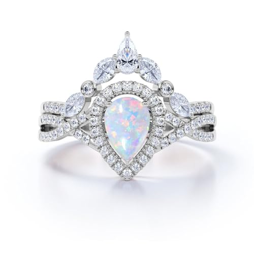 1.0 Carat Gemstone Wedding Ring Set - Pear Shaped Gem with Moissanite Bridal Sets Wedding Rings White Yellow Rose 10K 14K 18K Gold 925 Sterling Silver Pear Womens Wedding Ring Sets for Her