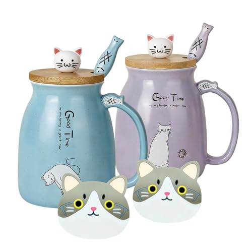 Confezione da 2 tazze da caffè in ceramica con coperchio in bambù e cucchiaio, per gli amanti dei gatti (blu e viola)