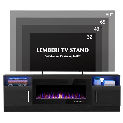 Lemberi Fireplace tv Stand with 36 inch Fireplace Up to 80" TVs,LED Light Entertainment Center and Storage, 70" Modern Wood Media TV Console with Highlight Cabinet for Living Room