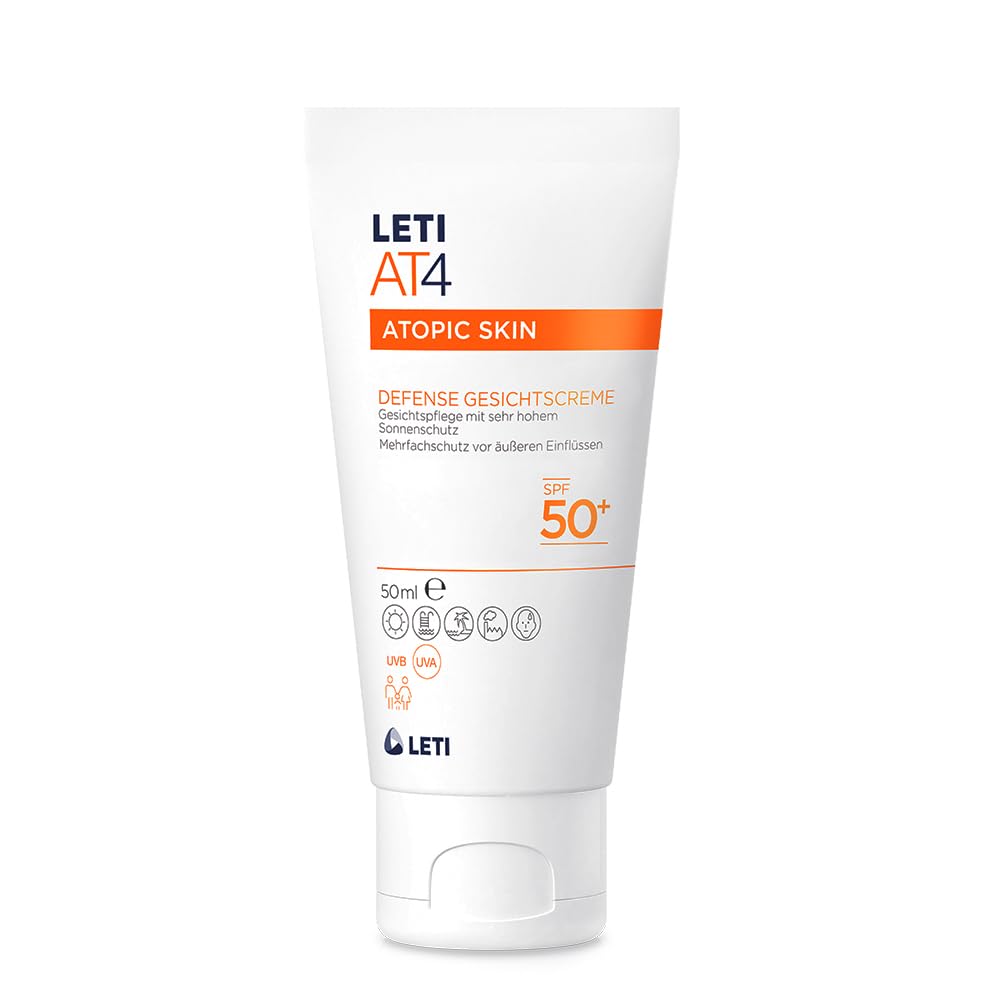 LETI AT4 Defense Gesichtscreme SPF 50+ - Wasserabweisende, hautschützende Gesichtspflege mit hohem Sonnenschutz (SPF 50+) bei trockener oder zu Neurodermitis neigender Haut, 50 ml Crème