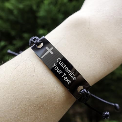Personalized Christian Bible Verses Black Rope Bracelet Inspirational Scripture ID Cross Religious Quote Faith God Engraved Adjustable Customized Gifts for Men Women Kiss Him Husband Father Bois4