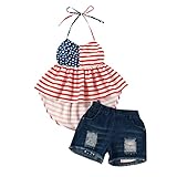 LYQTloml Baby Toddler Girls 4th of July Outfit Sleeveless Independence Day Shirt American Flag Halter Tops Denim Shorts Set 2Pcs Summer Clothes Kids