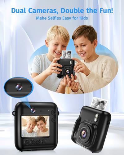 Image of Instant Camera, 1080P Kids Camera for Girls Boys Christmas Birthday Gifts, Dual-Lens Instant Print Digital Cameras for Kids Teens Toddle, 4 Rolls Print Paper, Toy for Age 4-12 Years (Black)