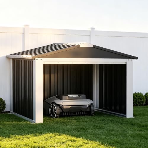 Metall Mähroboter Garage mit Satteldach, W88 × D91 × H61 cm | Mähroboter Garage Wetterfest Winter, Mähroboter Unterstand mit Ladekabelöffnung, Bodenbefestigung