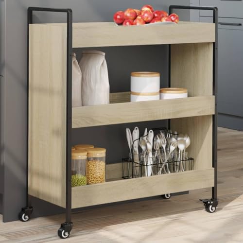 AUVYI Rollwagen Sonoma-Eiche Küchenregal auf Rollen Servierwagen mit 3 Ebenen Küchenrollwagen für Küche Bad Wohnzimmer Arbeitszimmer 70x30x82 cm