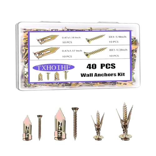 Self Drilling Drywall Anchors with Screws Kit 40Pcs - 2 Size Sheetrock Anchors & 2 Sizes Screw Sizes New Upgraded Zinc Plated Steel No Drill or Holes in Wall for TV, Wall Hanging, Cabinets