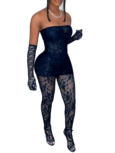 Image of Mojessy 2 Piece Outfits for Women Sexy Lace Tube Mini Dress Top with Stockings Legging Set Birthday Outfits