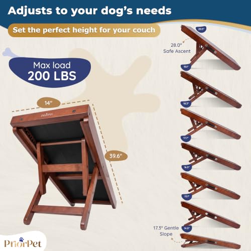 Image of Dog Ramp for Couch - Non-Slip, Sturdy Build Foldable Wooden Dog Ramp - Supports up to 200 lbs - 7 Adjustable Heights (14 inch-20.5 inch) - Enhanced Stability - Birchwood Pet Ramp for Small Dogs - Walnut