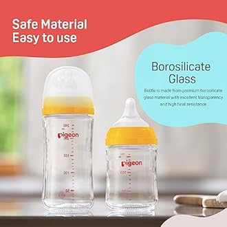 Pigeon Wide Neck Glass Feeding Bottle 240 ml (Yellow) | for Newborns, Infants & Toddlers up to 3 Years | Borosilicate Glass | Anti-Colic Nipple | BPA Free | Easy Grip Design