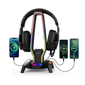 RGB Headphone Stand with 3 USB 3.0, 8 Light Modes Holder for Gaming Headsets, Controller Stand with Type-C Port, 3.5mm Jack Port, Earphone Hanger Accessories for Desktop Gamer(Black)