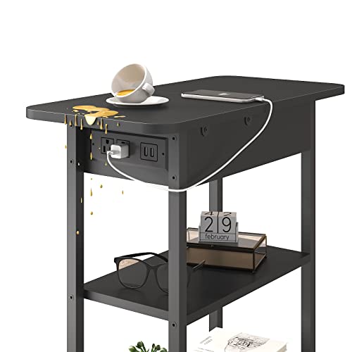 Lidyuk End Table With Charging Station, Flip Top Side Table With Usb Ports And Outlets, Nightstand For Small Spaces, Bedside Tables With Storage Shelf For Living Room, Bedroom, Black #TOP5