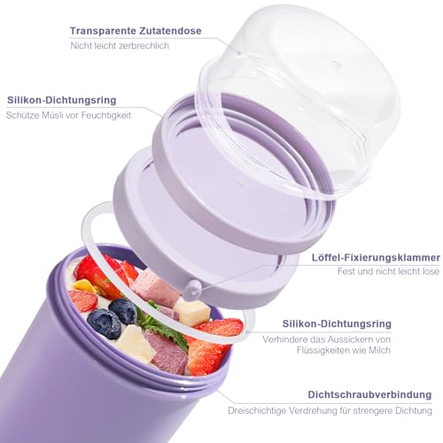 Swkien MüSlibecher to Go, Joghurtbecher to Go 450ml+250ml, Joghurt to Go Becher mit Löffel, Müsli Becher to Go für Müsli & Joghurt… – Ansicht 2