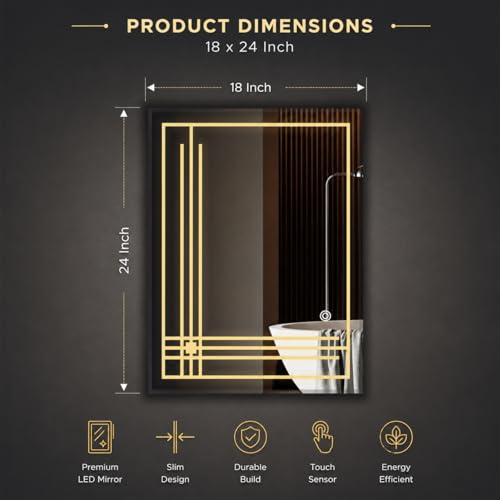 Image of LED Bathroom Wall Mirror with Decorative 3 Light Design | Touch Sensor | Warm | Natural and Cool White | for Wash Basin | Bedroom | Dressing Area Decoration (Portrait 2nd, 18x24)