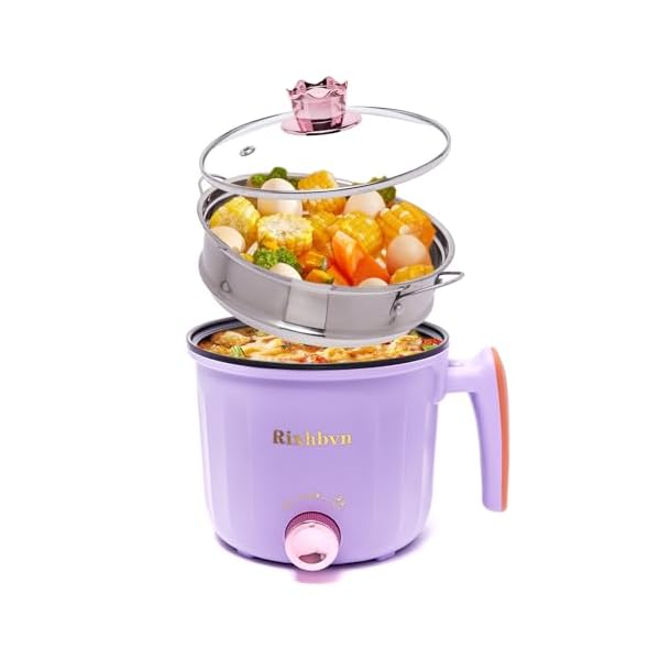 Hot Pot Electric with Steamer, Rapid Noodles Cooker,Non-Stick Electric Pot for Raman, Soup, Noodles, Steak, Oatmeal, Rapid, with Temperature control, (Rotary switch), 1.8L,Purple