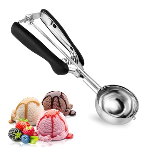 Cucharas para Helado - Servidor de Helado 5 cm - Acero Inoxidable - Con Expulsor y Mango Ergonómico - Para Helado, Masa, Frutas (Negro)