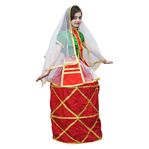 Image of Kaku Fancy Dresses Polyester Indian State Manipuri Folk Dance Costume - Red & Green, For Girls 14-16 Years