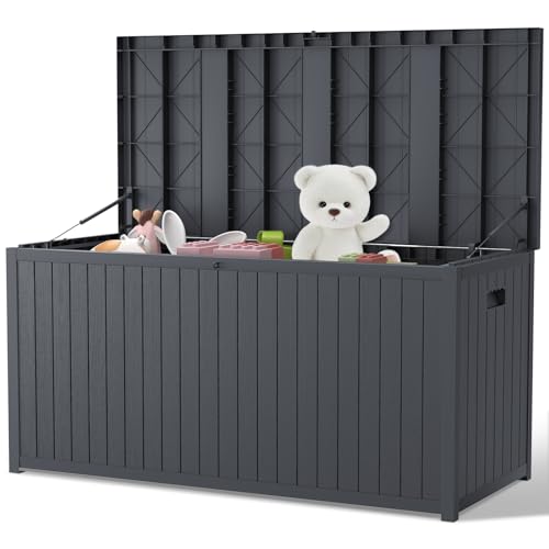 DKIEI Outdoor Storage Box Waterproof, 430L Lockable Garden Storage Box with Lid, Deck Box Storage Container for Garden Tools, Toys, Cushion, Pool Supplies, 125 x 56 x 61.5cm, Grey