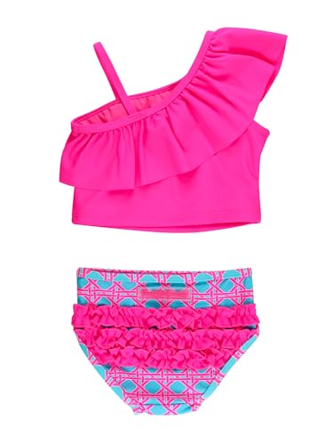 Image of RuffleButts Girls UPF50+ Sun Protection One Shoulder Ruffle Tankini Two Piece Swimsuit