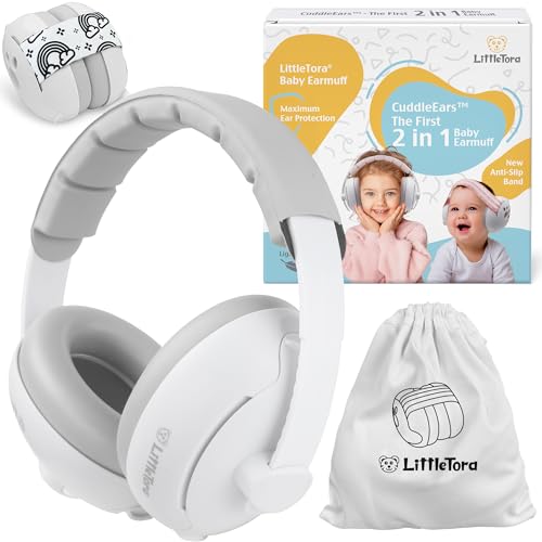 Image of LittleTora The 'CuddleEars' 2 in 1 Baby Ear Muff - Noise Canceling Infant Toddler Headphone Hearing Protection Earmuff for Plane (White)
