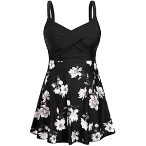HUSKARY Plus Size Swimsuits for Women Tummy Control V Neck Swim Dress Two Piece Bathing Suit Flowy Tankini with Boyshorts