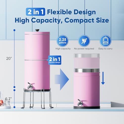 Image of Purewell 3-Stage 0.01μm Ultra-Filtration Gravity Water Filter System, NSF /ANSI 42&372 Certification, 304 Stainless Steel Countertop System with 2 Filters and Stand, Reduce 99% Chlorine, 2.25G, PW-OB