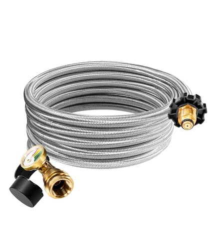 DPB 12FT Propane Stainless Steel Braided Extension Hose with Gauge Acme to Male QCC1/POL Fittings for Propane Tank RV Portable Grill BBQ Grill Heater (12Ft)