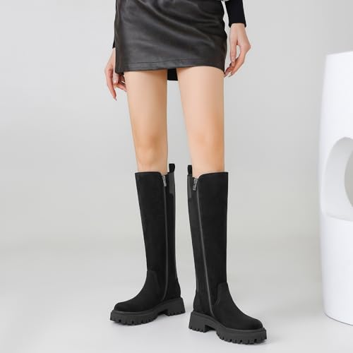 Image of TEAIEU Knee High Boots for Women, Platform Chunky Block Low Heel Tall Boots, Round Toe Side Zipper Fall Long Boots for Dress, Stretch Calf, Comfortable