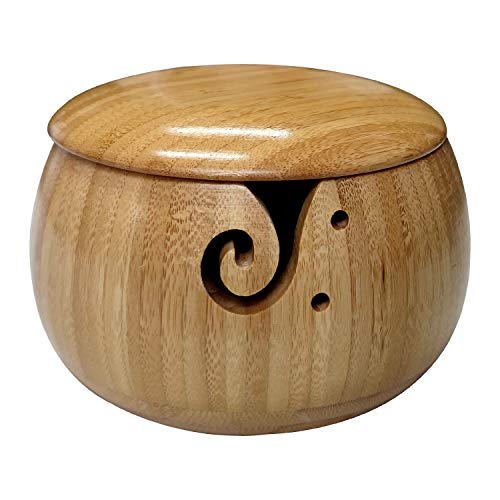 levylisa Wood Yarn Bowl Crochet Bowl Wood Knitting Bowl Yarn Holder Large Yarn Bowl Wooden Yarn Bowl with Removable Lid for Knitting (6"3.7")
