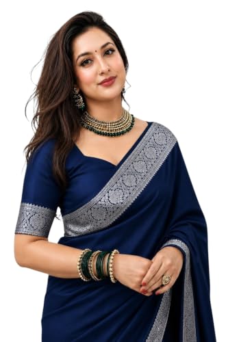 Image of Women's Glory Banarasi Satin Kanjivaram Saree Silver Zari Border Pure Soft Blend Silk Sari Kanchipuram Paithani Silk Party Wedding Festive New Ladies Sadi with Unstiched Blouse Piece.