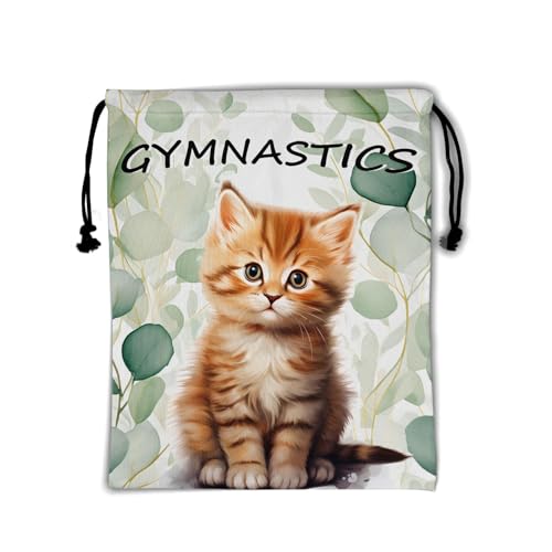 Image of Nerxy Gymnastic Cat Drawstring Grip Bag - Eucalyptus Leaves Gym Bag for Gymnasts Pet String Bag Botanical Leaf Gym Drawstring Pouch for Travel Sports