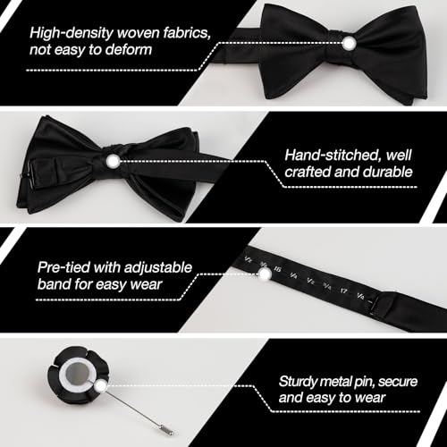 Image of Alizeal Mens 4pcs Formal Solid Bow Tie Set | Pre-tied Pocket Square Cufflinks Boutonniere for Wedding Everyday Use