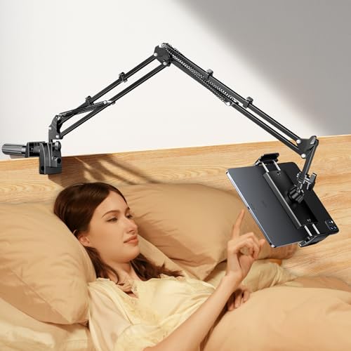 TRYONE Tablet Halterung Bett, 360°Drehbarer Sockel mit Flexibler Verstellbarer Arm Kindle Halter Zubehör für Tisch, Kompatibel mit iPad/Handy/Switch/Galaxy Tabs, oder Anderen Geräten von 4,7-16.1 Zoll