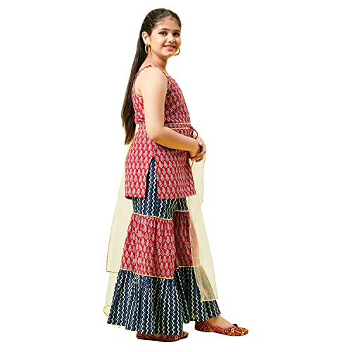 Image of StyloBug Girl's Printed Sleeveless Kurti with Sharara Set Ethnic Wear Dress for Girls