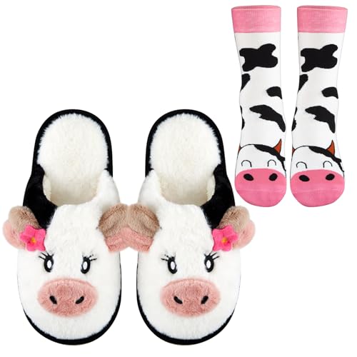 Sintege 2 Piezas de Regalo de Vaca Zapatillas Casa Mujer Invierno Pantuflas de Vaca Esponjosas y Calcetines Pantuflas Divertidas para Mujer Hogar Invierno(S)