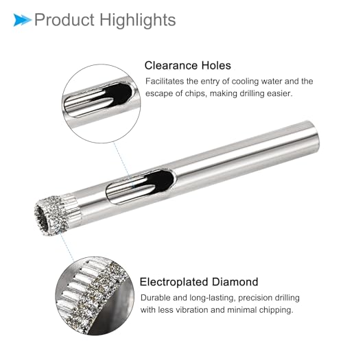Brocas para perforación con diamante, diámetro de perforación 6 mm / 1/4", acabado niquelado, acero al carbono — 8 piezas (para vidrio, cerámica, mármol y piedra) miniatura 4