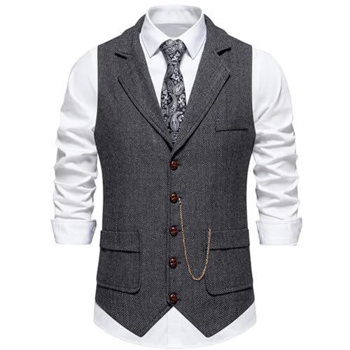 Image of maxToonrain Mens Classic Tweed Suit Vest Casual Sleeveless Herringbone Vest for Tuxedo