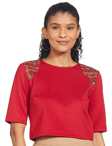 Image of RIVER Namrata Joshipura Solid Premium Designer Women's Crop Top with Embroidery RS2NJTP313B Red