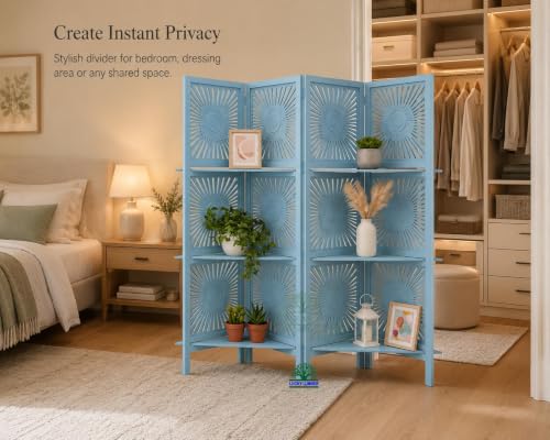 Image of Wooden Room Divider Partition with Display Shelves for Living Room | Foldable 4 Panel Decorative Privacy Screen Separator for Home, Office & Bedroom | (Sky Blue)