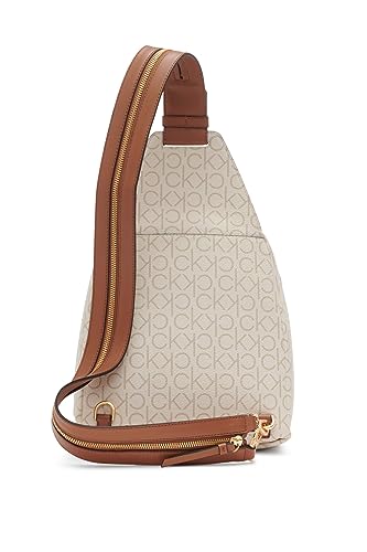 Image of Calvin Klein Women's Millie Backpack for Women - Vegan Leather Monogram Backpack, 2 Pockets, Vanilla /Khaki /Caramel, One Size