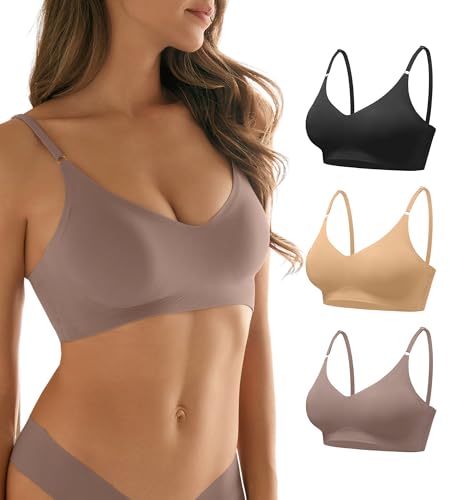 Image of DEANGELMON V Neck Bra Padded Seamless Adjustable Straps Bralettes Everyday Basic Sleeping Bras Multiple Pack