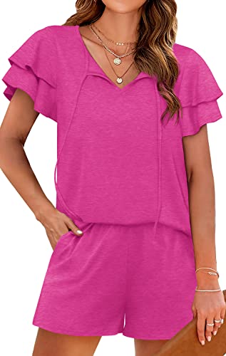 Image of WIHOLL Summer Outfits for Women 2 Piece Short Sleeve V Neck Lounge Sets Casual