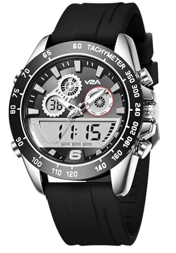 Image of V2A Men's Multifunction Analog-Digital Sports Watch - Dual Display, Quartz Movement, Zinc Alloy Case, Stopwatch, Alarm, 30M Water Resistant, Silicone Strap, Tachymeter Bezel