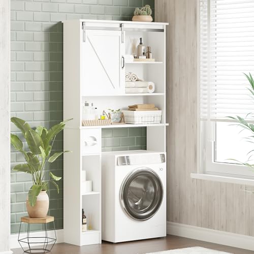 Over the Toilet Storage Cabinet Bathroom Shelf over toilet with Sliding Barn Door, Toilet Organizer with Toilet Paper Holder, Toilet Organizer Rack with Adjustable Shelf for Bathroom, Laundry, White